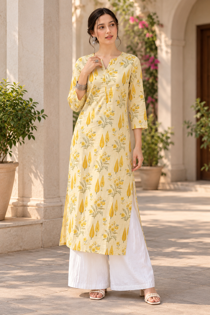 Sunlit Yellow Floral Straight Kurta with White Palazzo