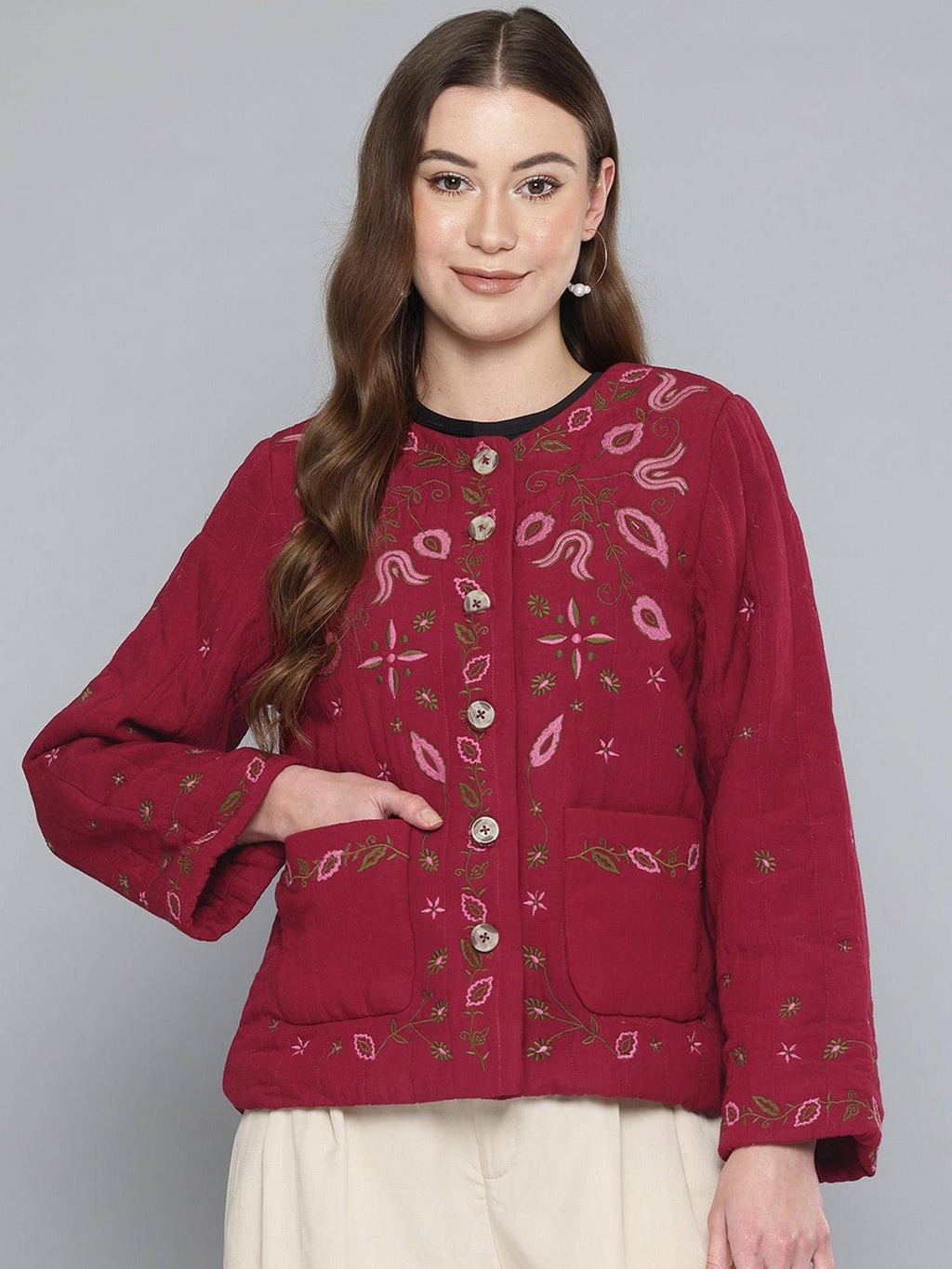 Quilted Maroon Embroidered Jacket | JC78 - view 1