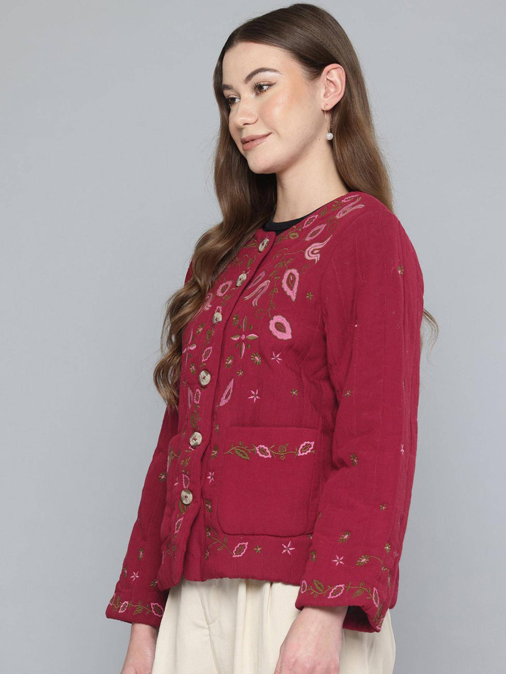 Quilted Maroon Embroidered Jacket | JC78 - view 4