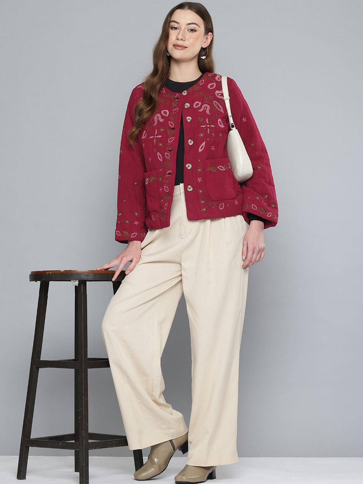 Quilted Maroon Embroidered Jacket | JC78 - view 5