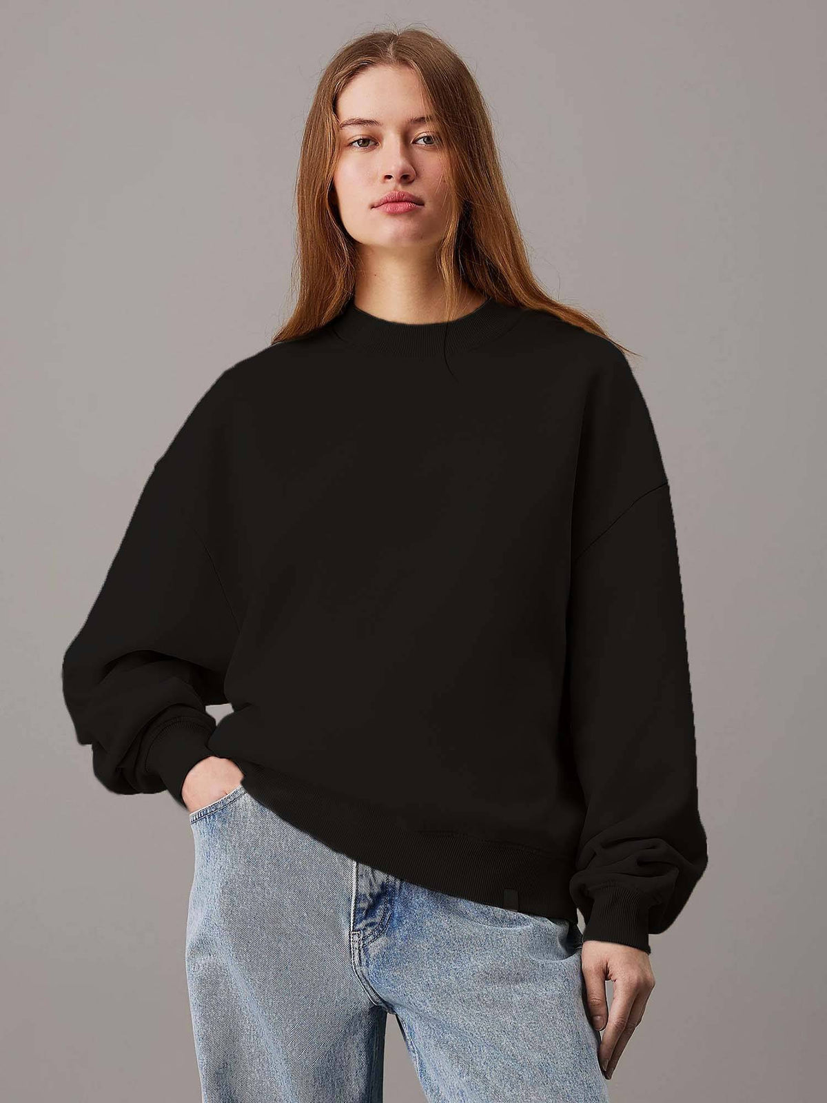 Beige Women's Fleece Sweatshirt Solid Pattern with Classic Round Neck | HD56 - view 9