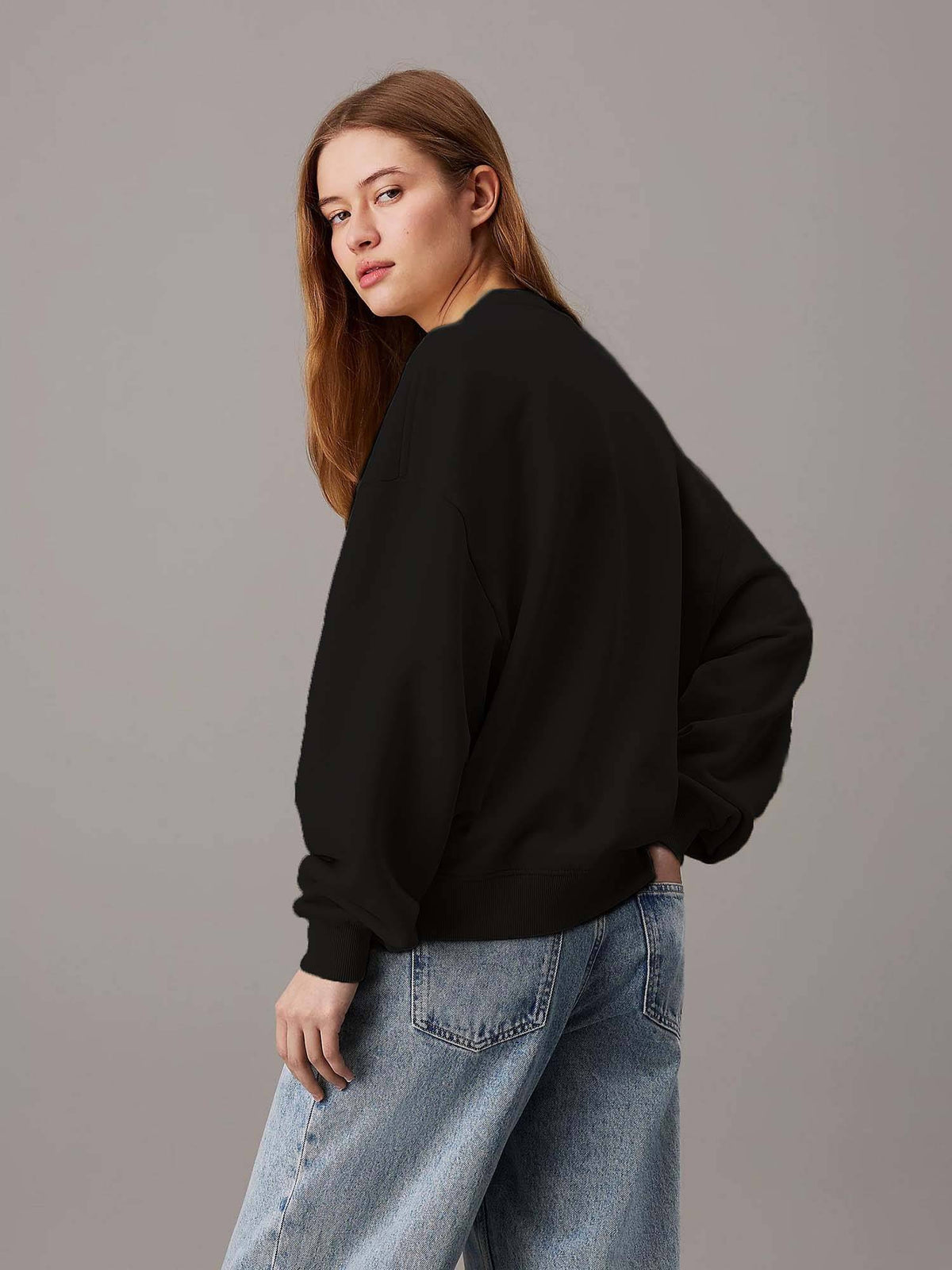 Beige Women's Fleece Sweatshirt Solid Pattern with Classic Round Neck | SS90 - view 6