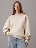 Beige Women's Fleece Sweatshirt Solid Pattern with Classic Round Neck | SS90 - view 1
