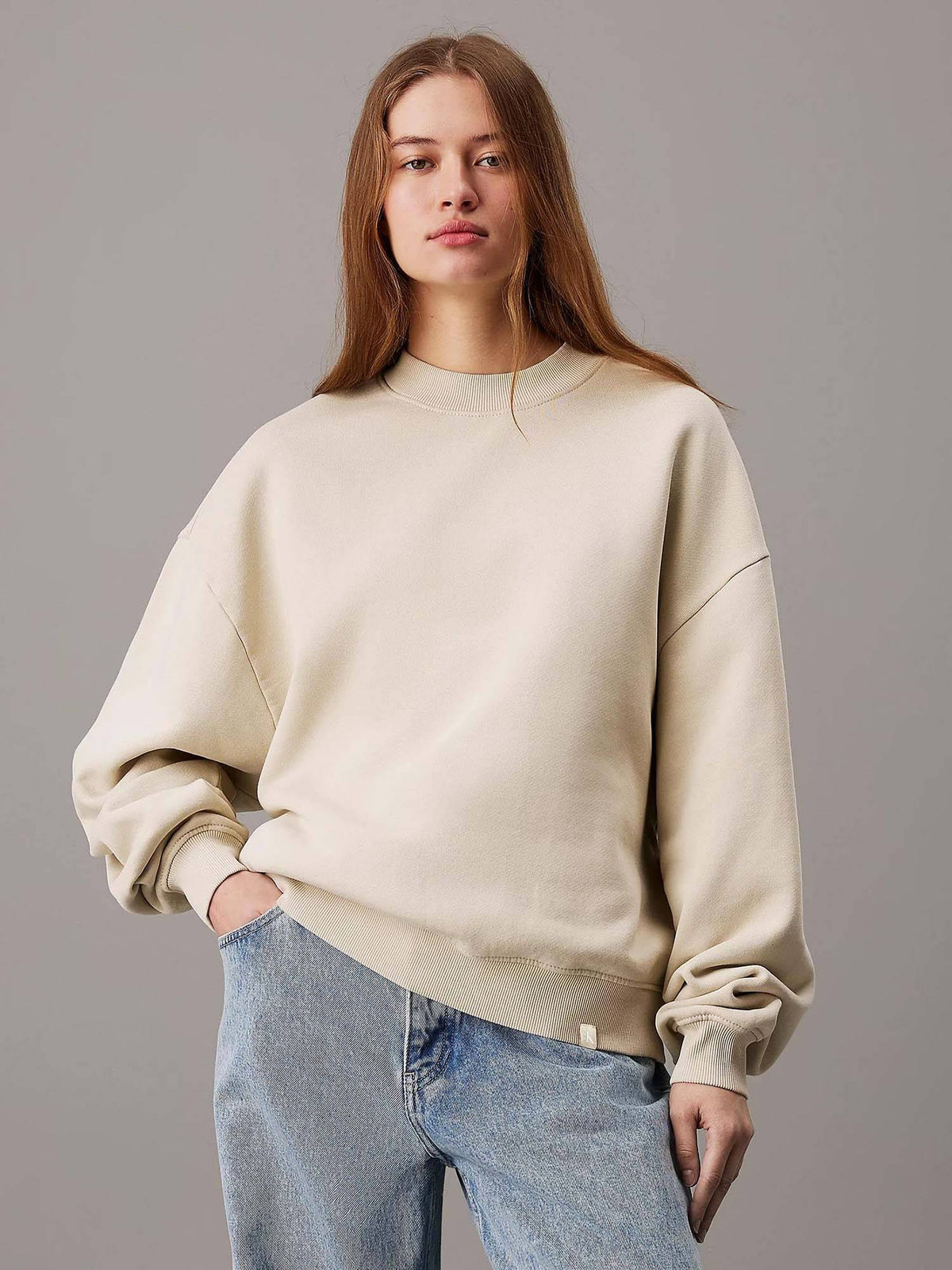 Beige Women's Fleece Sweatshirt Solid Pattern with Classic Round Neck | SS90 - view 1