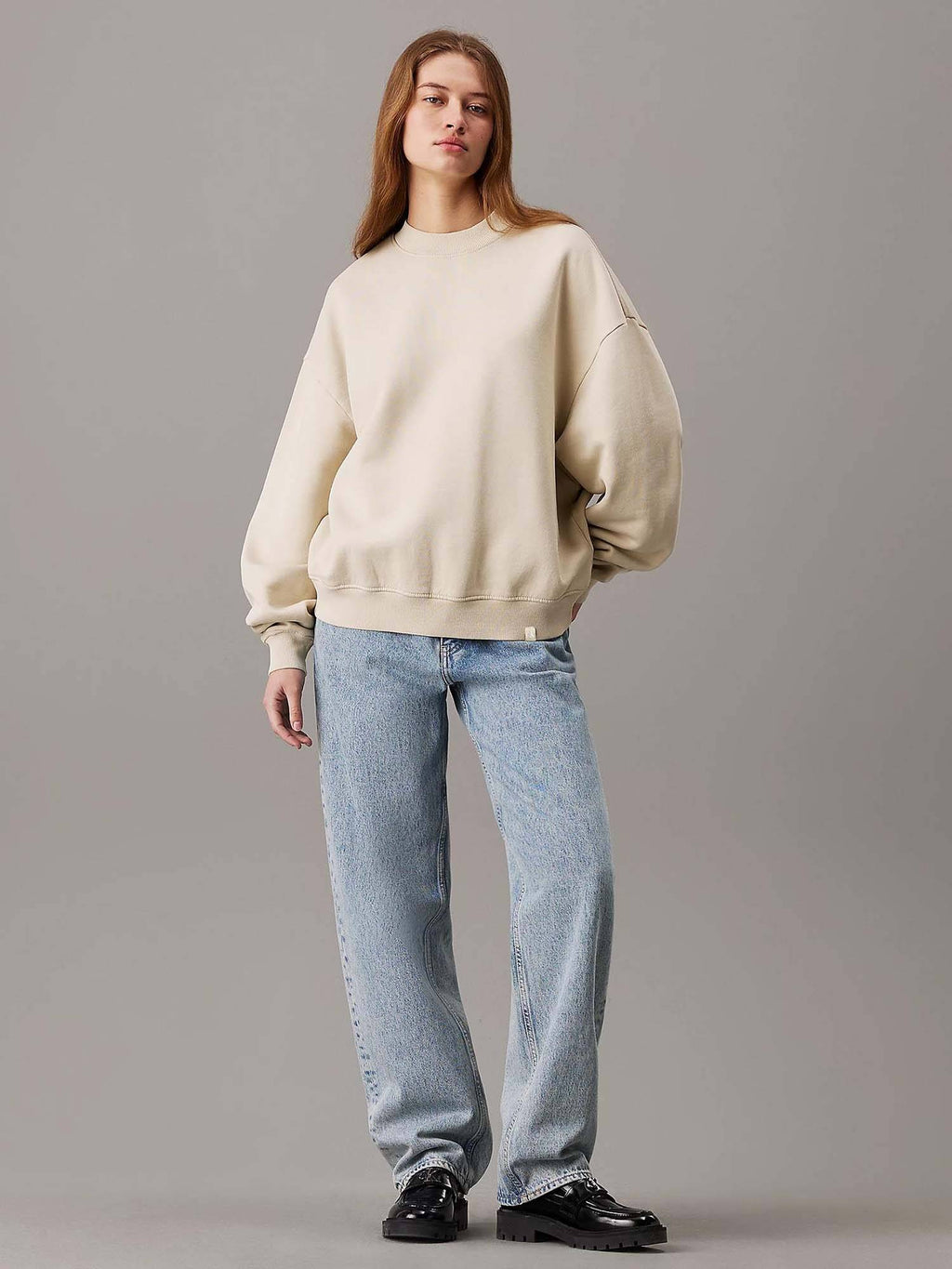 Beige Women's Fleece Sweatshirt Solid Pattern with Classic Round Neck | HD56 - view 3