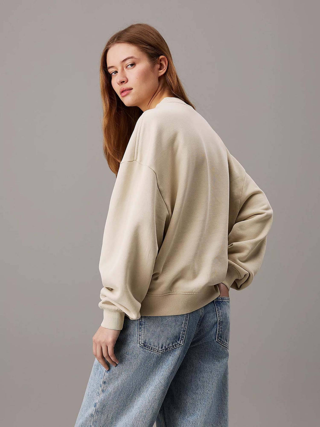 Beige Women's Fleece Sweatshirt Solid Pattern with Classic Round Neck | HD56 - view 4