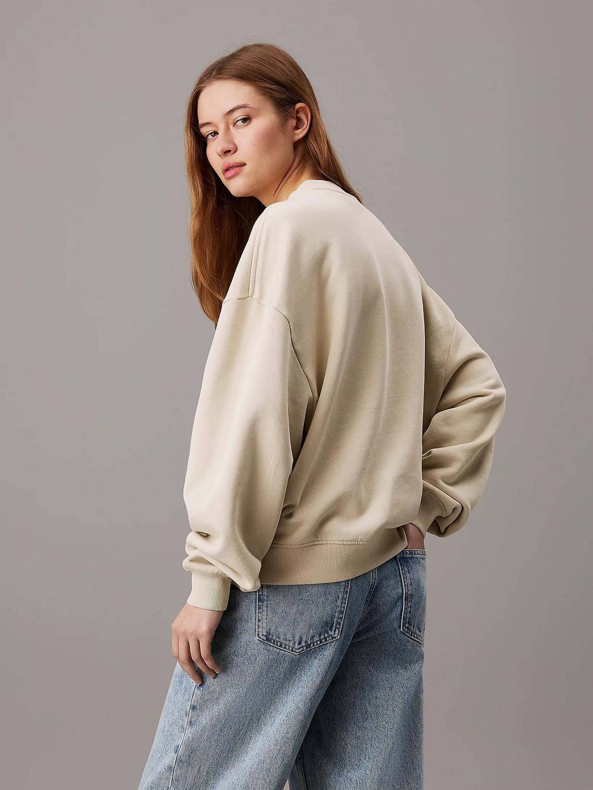 Beige Women's Fleece Sweatshirt Solid Pattern with Classic Round Neck | HD56 - view 4