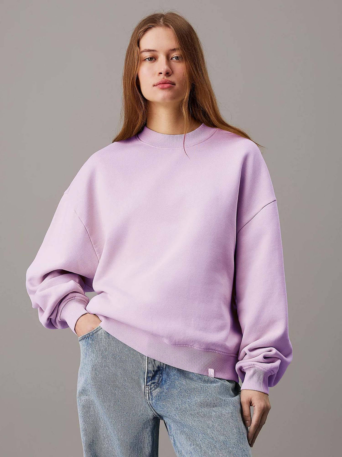 Beige Women's Fleece Sweatshirt Solid Pattern with Classic Round Neck | SS90 - view 17