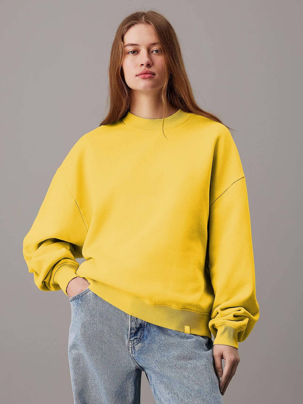 Beige Women's Fleece Sweatshirt Solid Pattern with Classic Round Neck | HD56 - view 17
