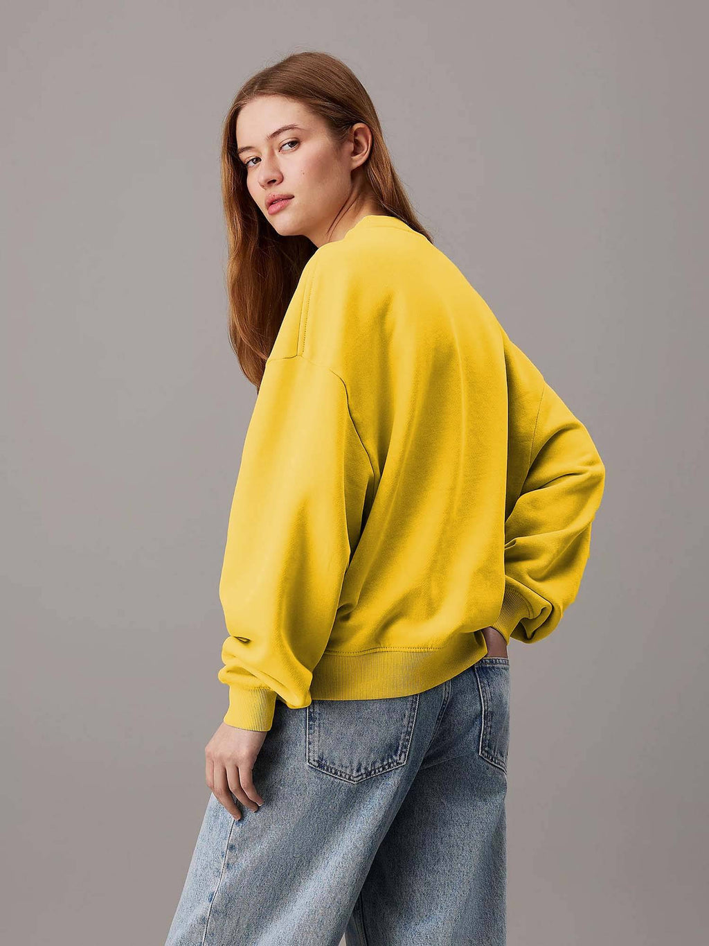 Beige Women's Fleece Sweatshirt Solid Pattern with Classic Round Neck | HD56 - view 18