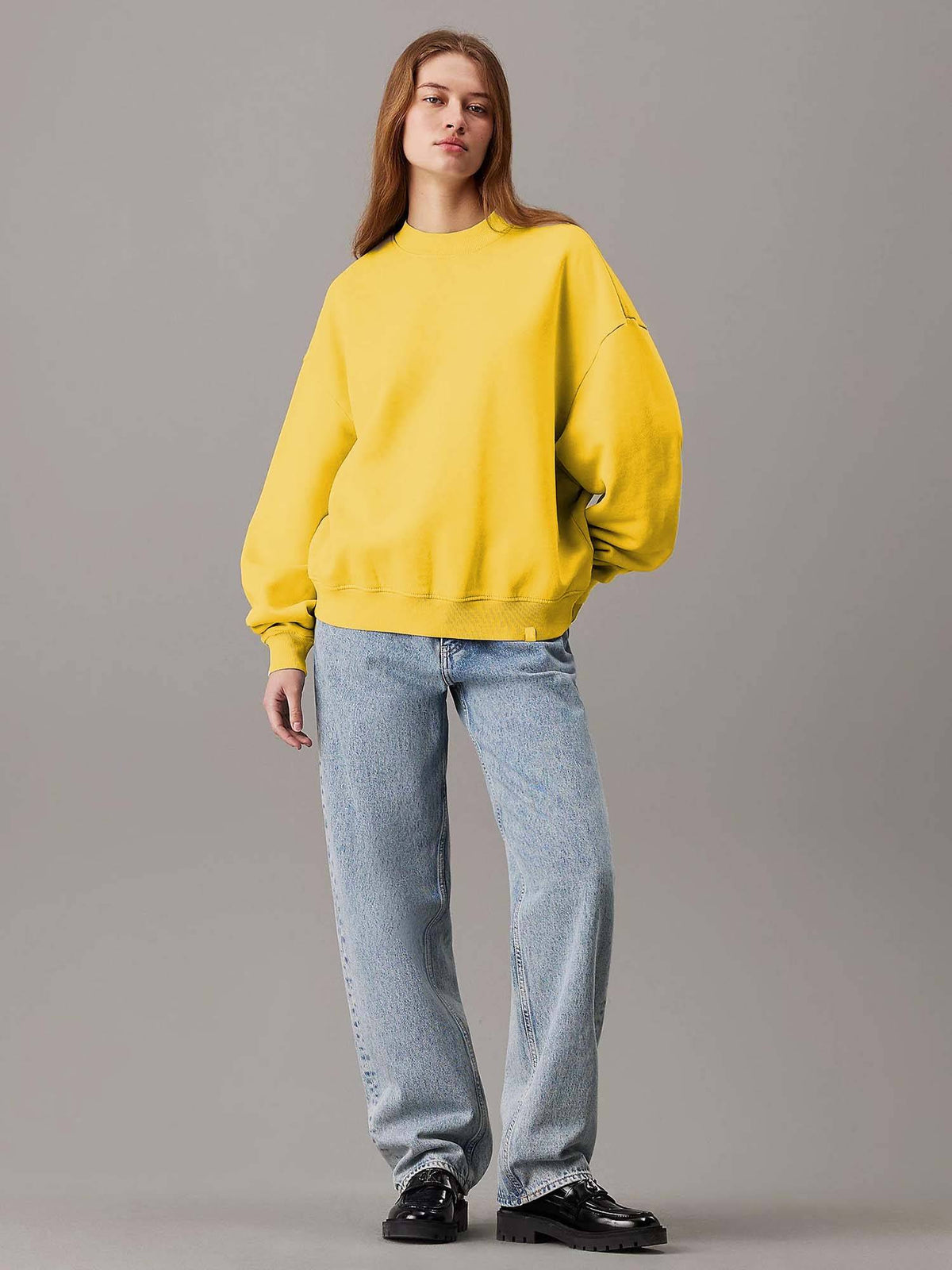 Beige Women's Fleece Sweatshirt Solid Pattern with Classic Round Neck | HD56 - view 20