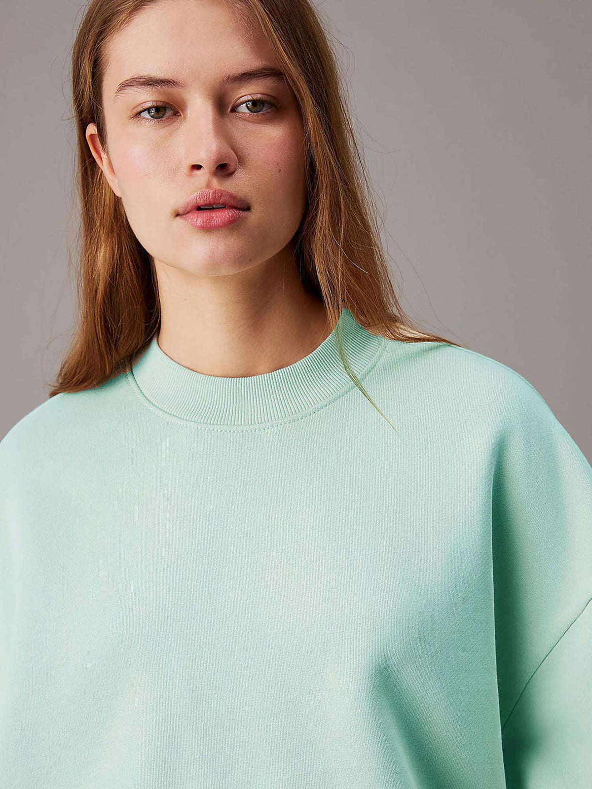 Beige Women's Fleece Sweatshirt Solid Pattern with Classic Round Neck | HD56 - view 7