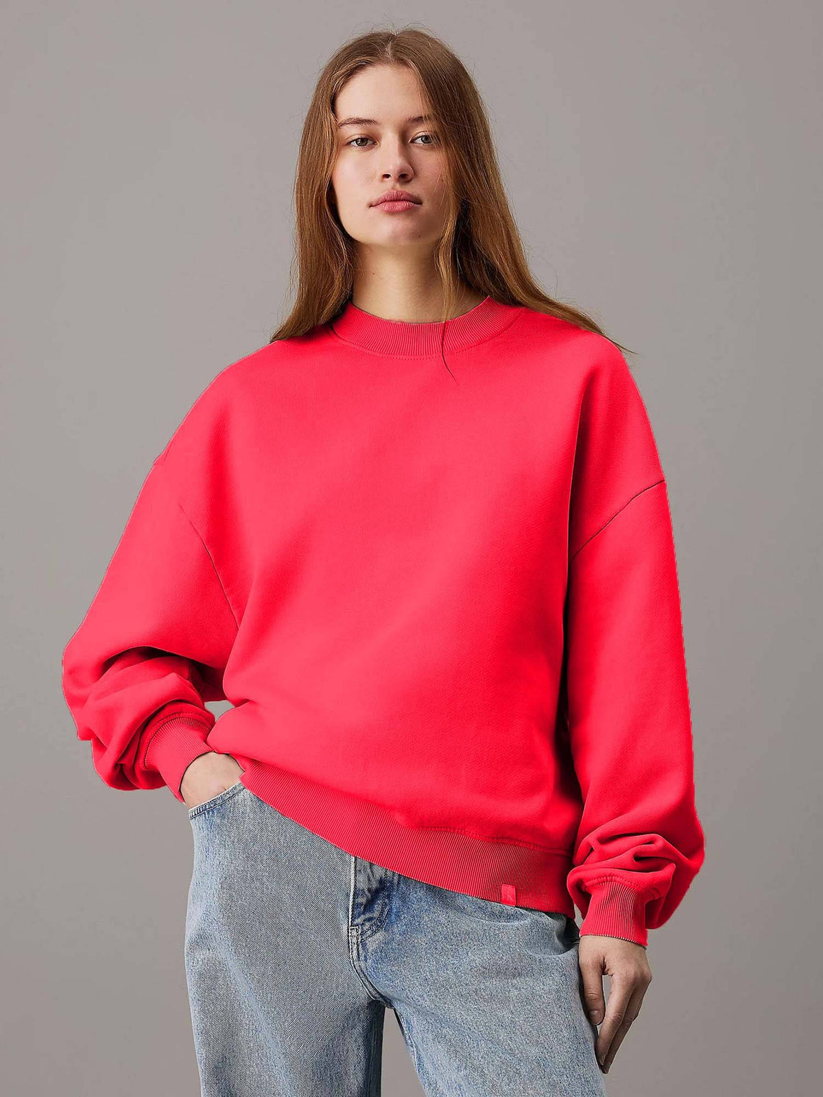 Beige Women's Fleece Sweatshirt Solid Pattern with Classic Round Neck | SS90 - view 13