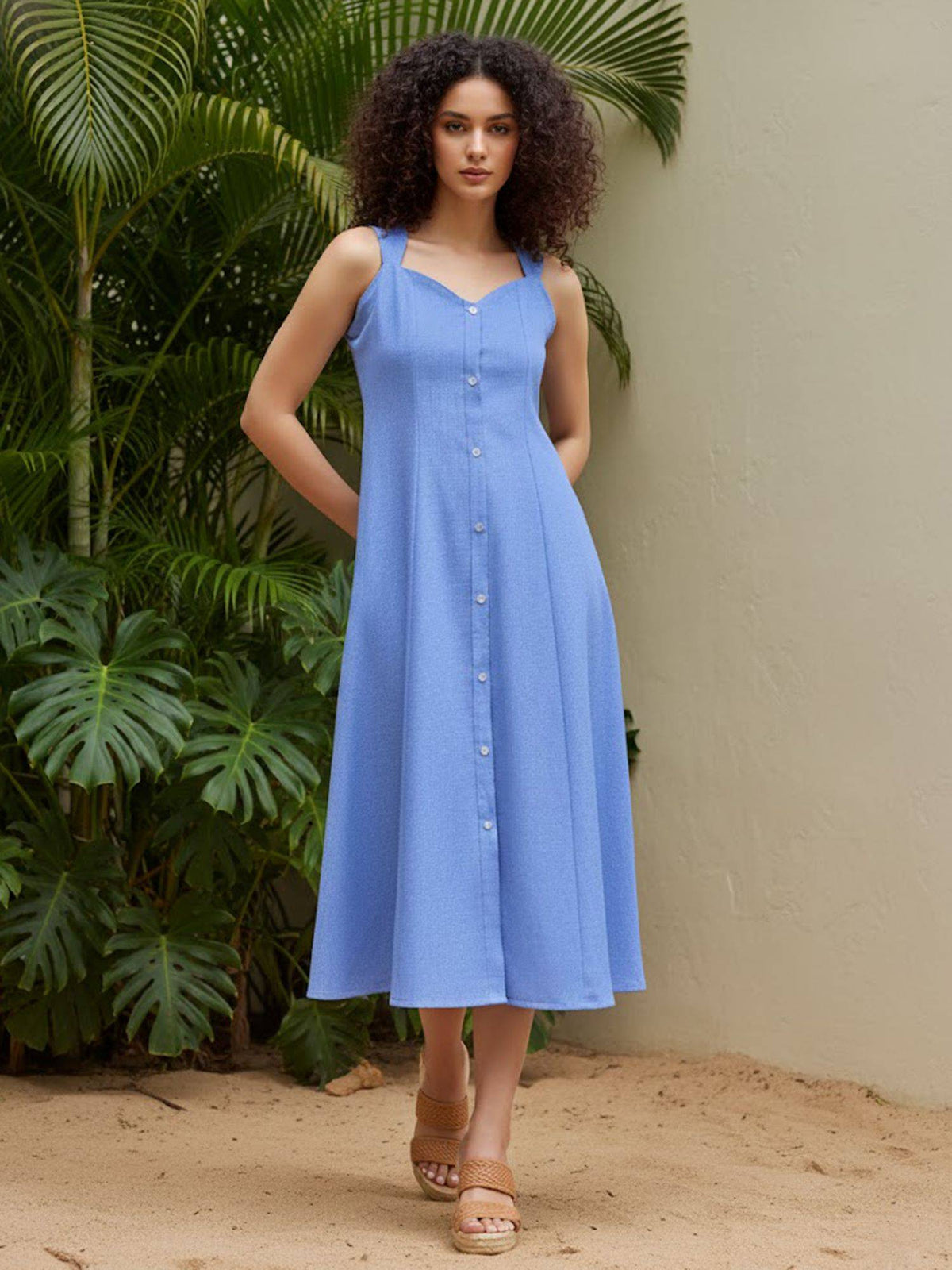 Women Shirt Style Midi Sleeveless Square Solid Dress | D56 - view 15