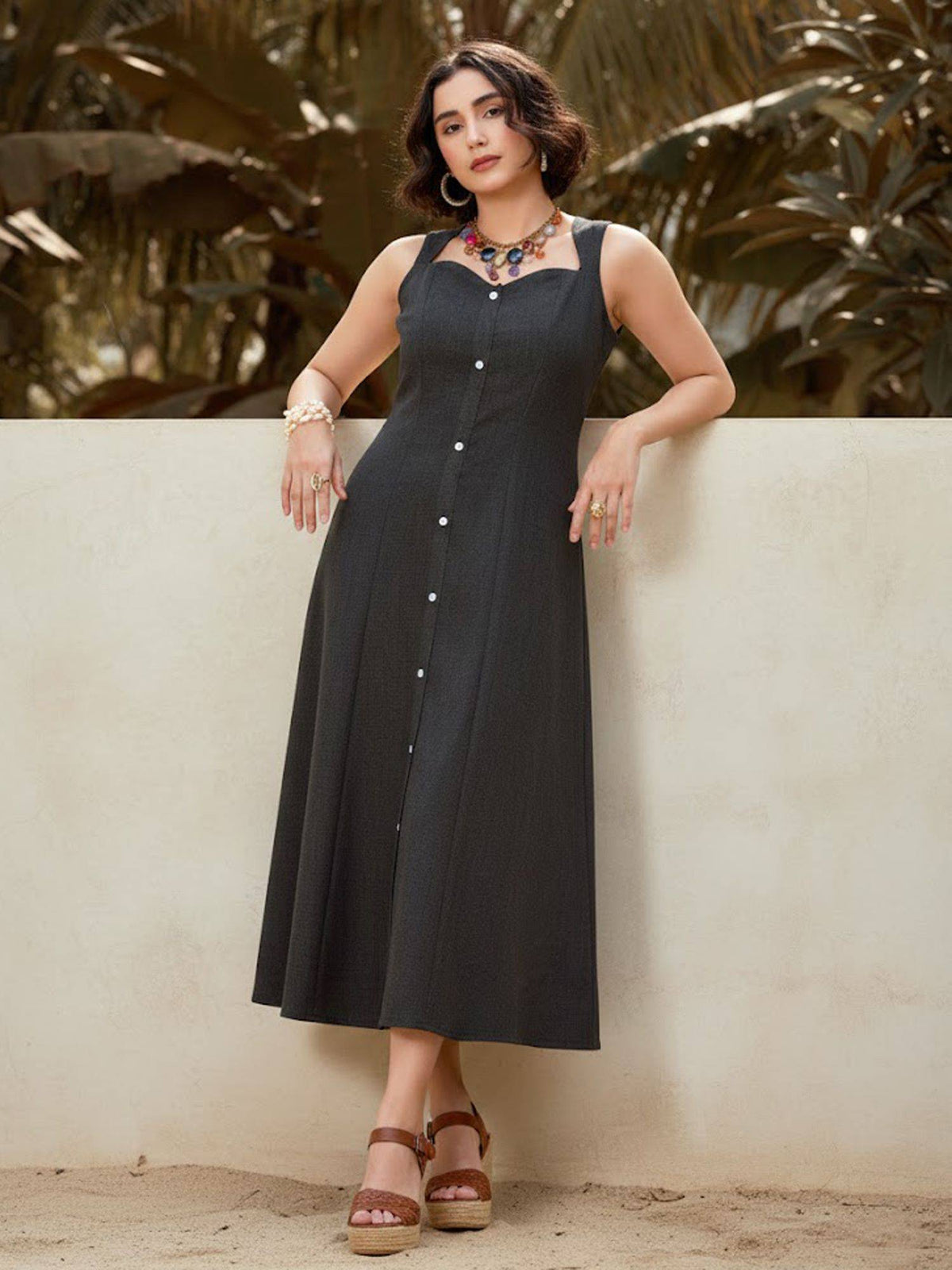 Women Shirt Style Midi Sleeveless Square Solid Dress | D56 - view 22