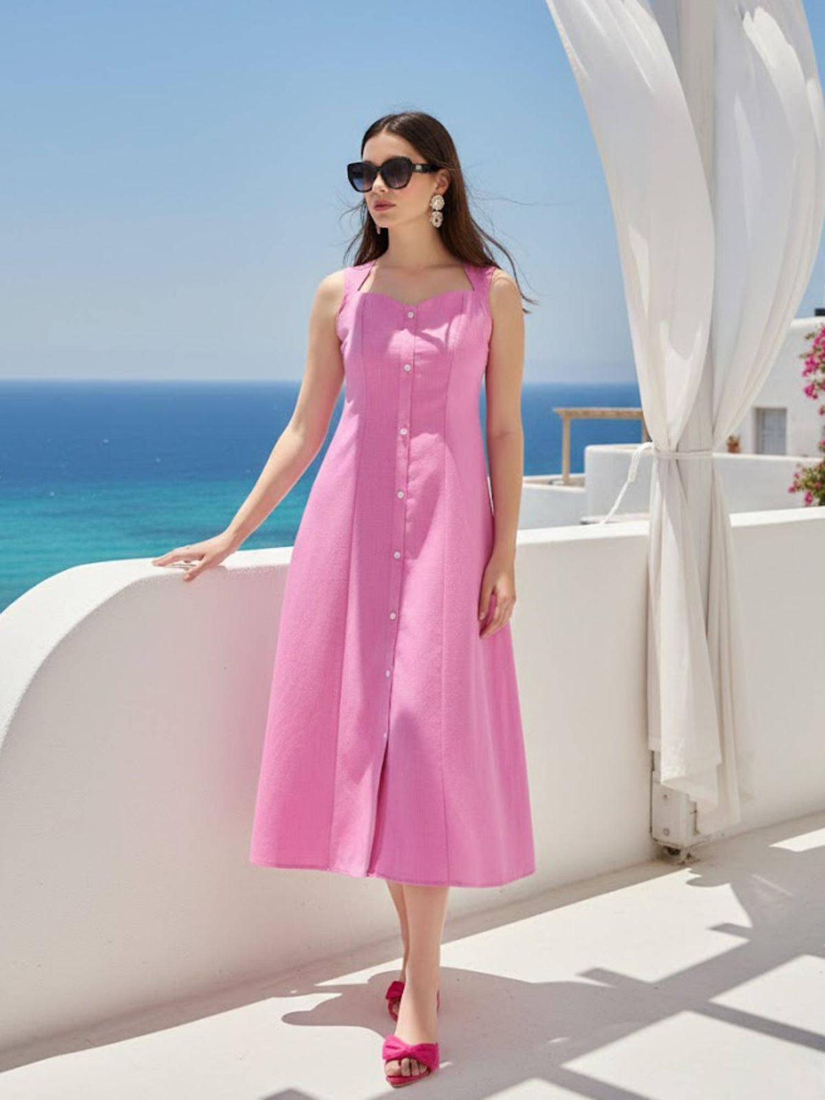 Women Shirt Style Midi Sleeveless Square Solid Dress | D56 - view 2