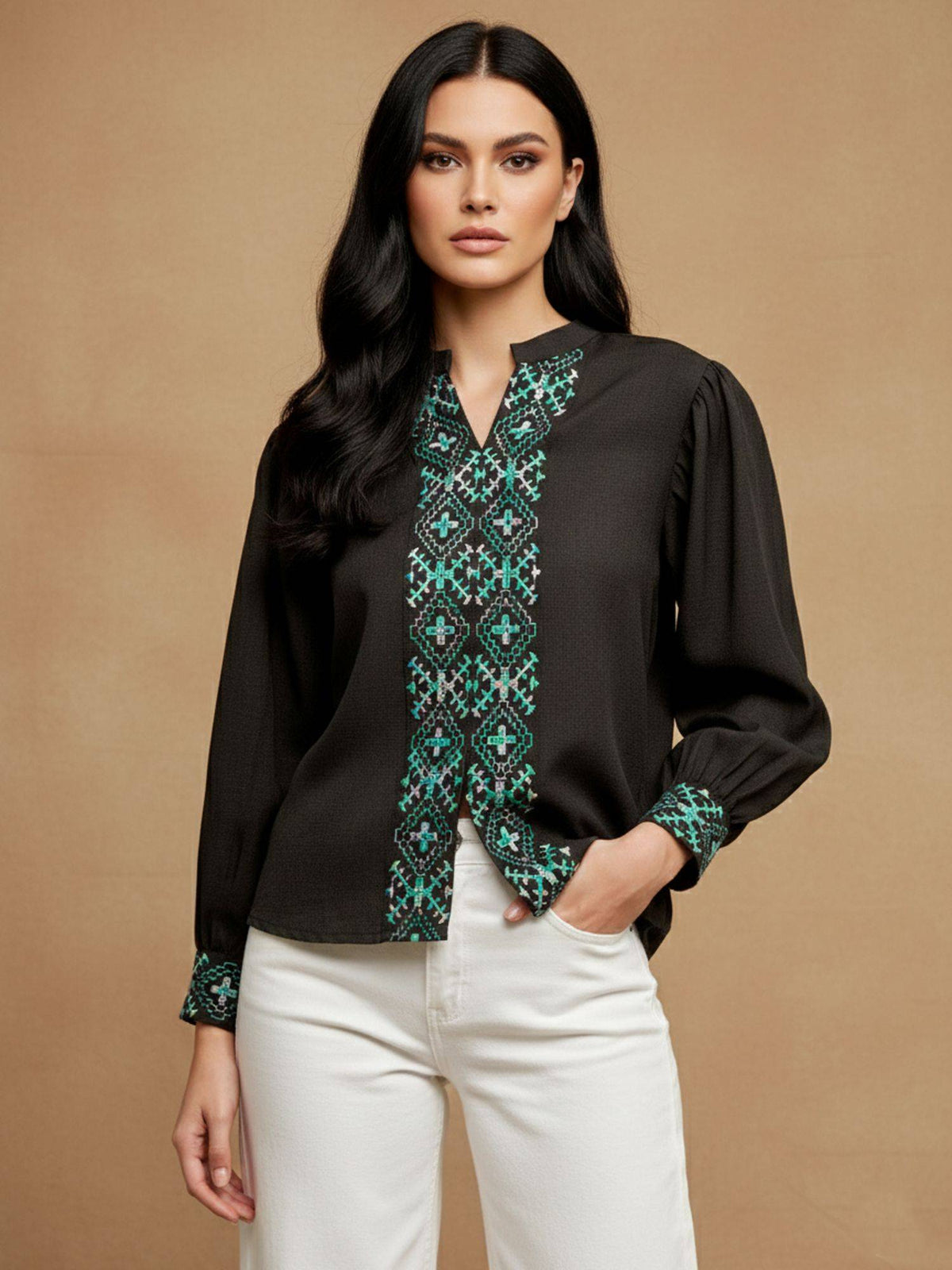 Women Green Linen Mandarin Neck Casual Shirt | S67 - view 13