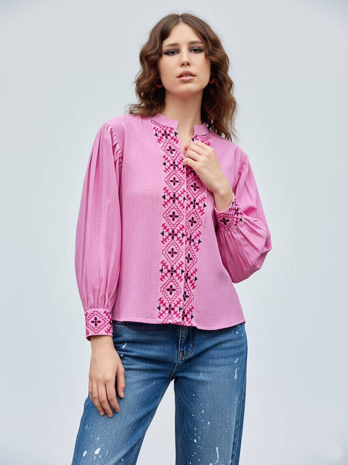 Women Green Linen Mandarin Neck Casual Shirt | S67 - view 7