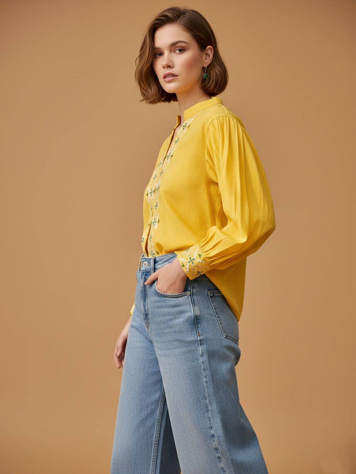 Women Green Linen Mandarin Neck Casual Shirt | S67 - view 19