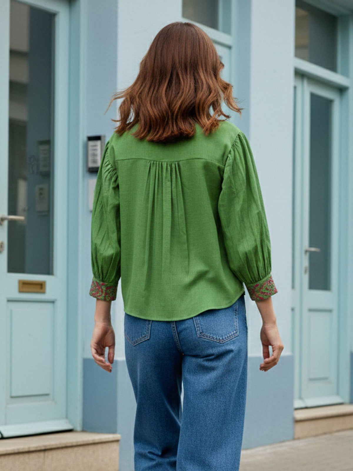 Women Green Linen Mandarin Neck Casual Shirt | S67 - view 2