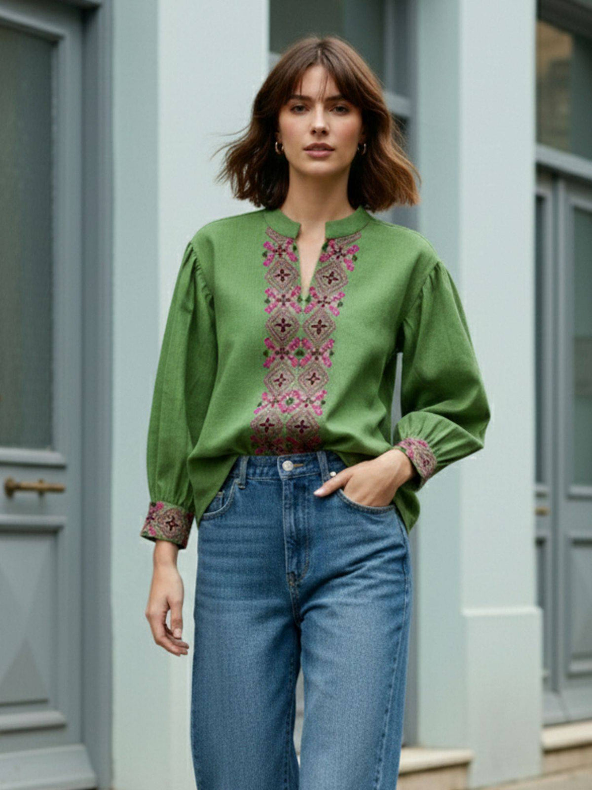 Women Green Linen Mandarin Neck Casual Shirt | S67 - view 3