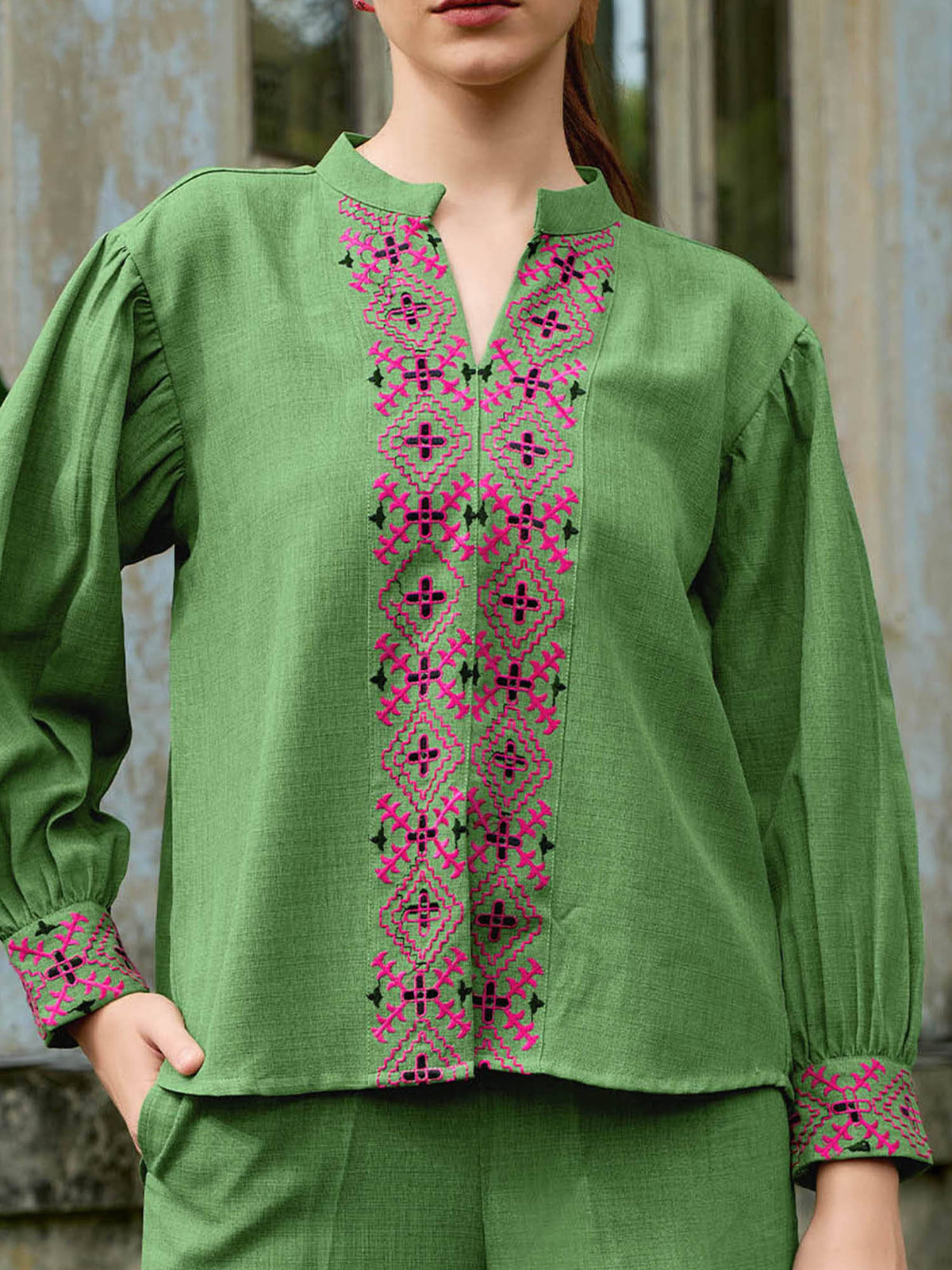 Women Green Linen Mandarin Neck Casual Shirt | S67 - view 4