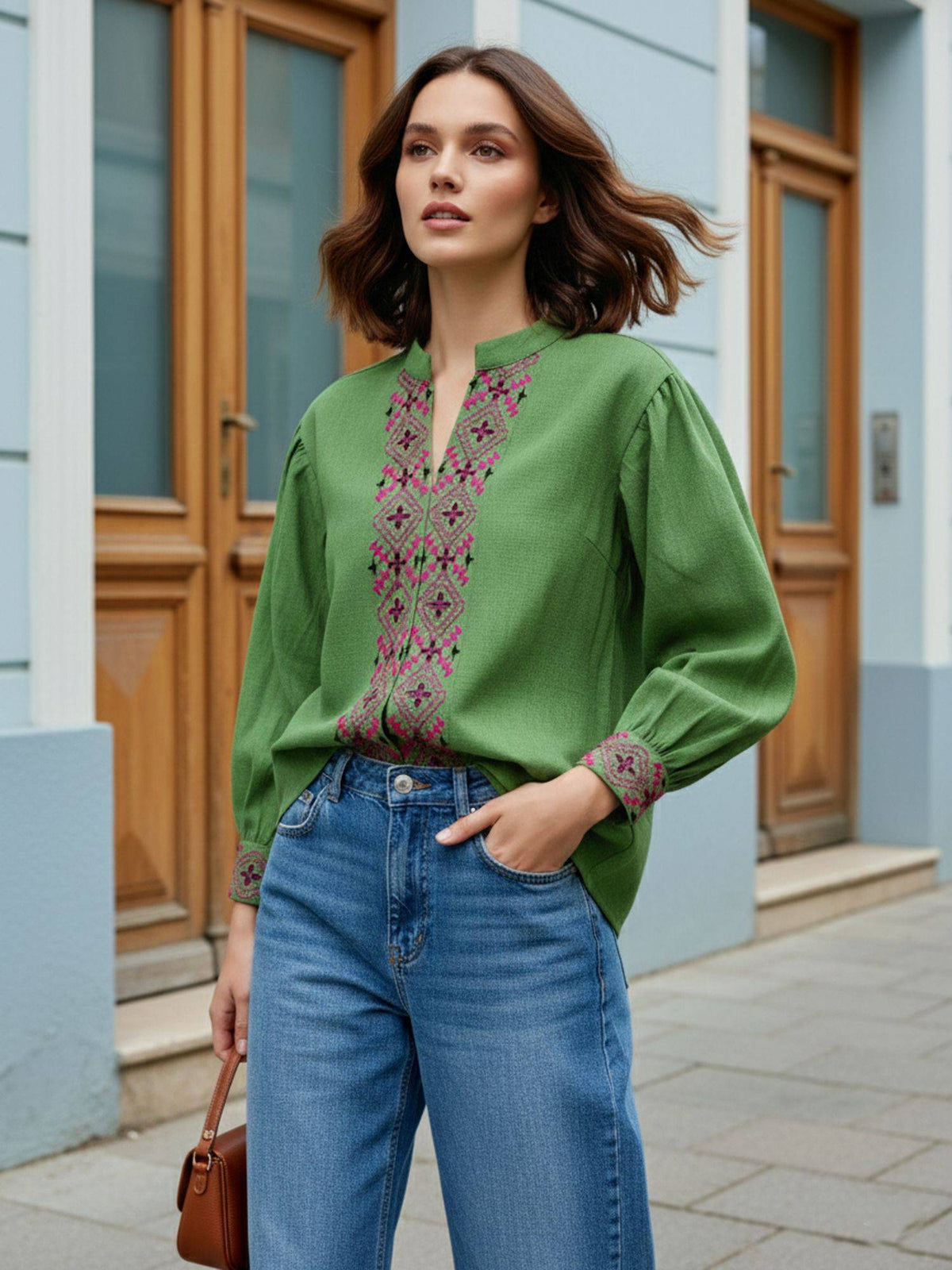 Women Green Linen Mandarin Neck Casual Shirt | S67 - view 5