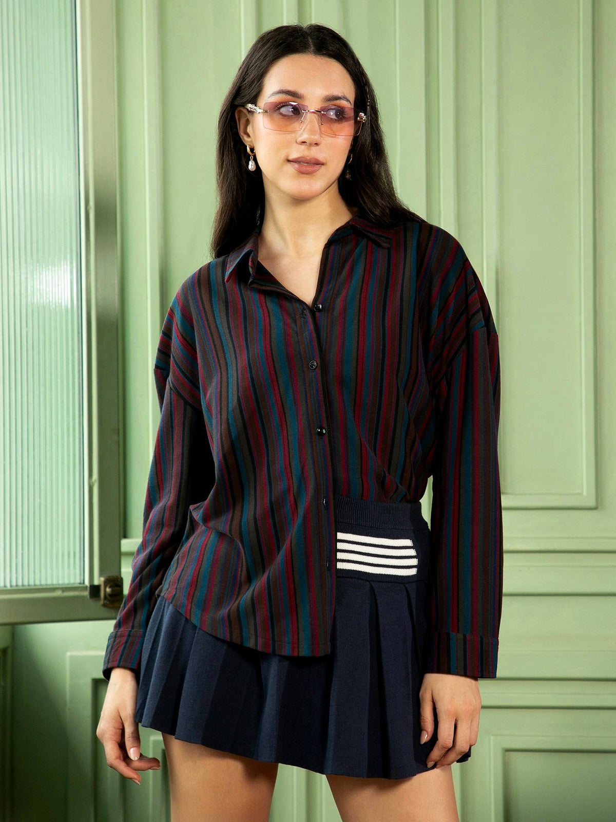 Women Crimson Red Midnight Blue Jamaican Striped Oversized Shirt | S67 - view 1