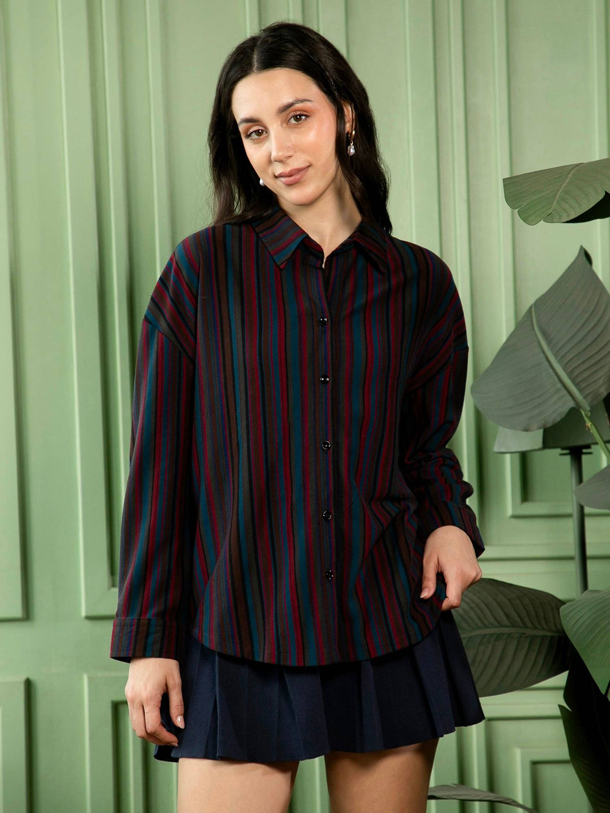Women Crimson Red Midnight Blue Jamaican Striped Oversized Shirt | S67 - view 2
