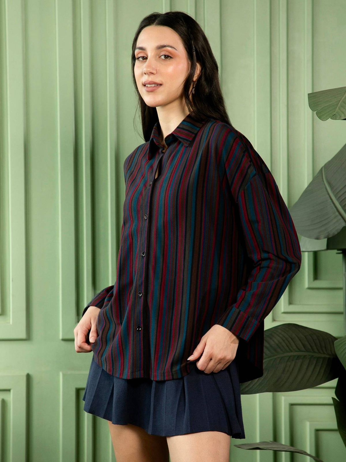 Women Crimson Red Midnight Blue Jamaican Striped Oversized Shirt | S67 - view 3