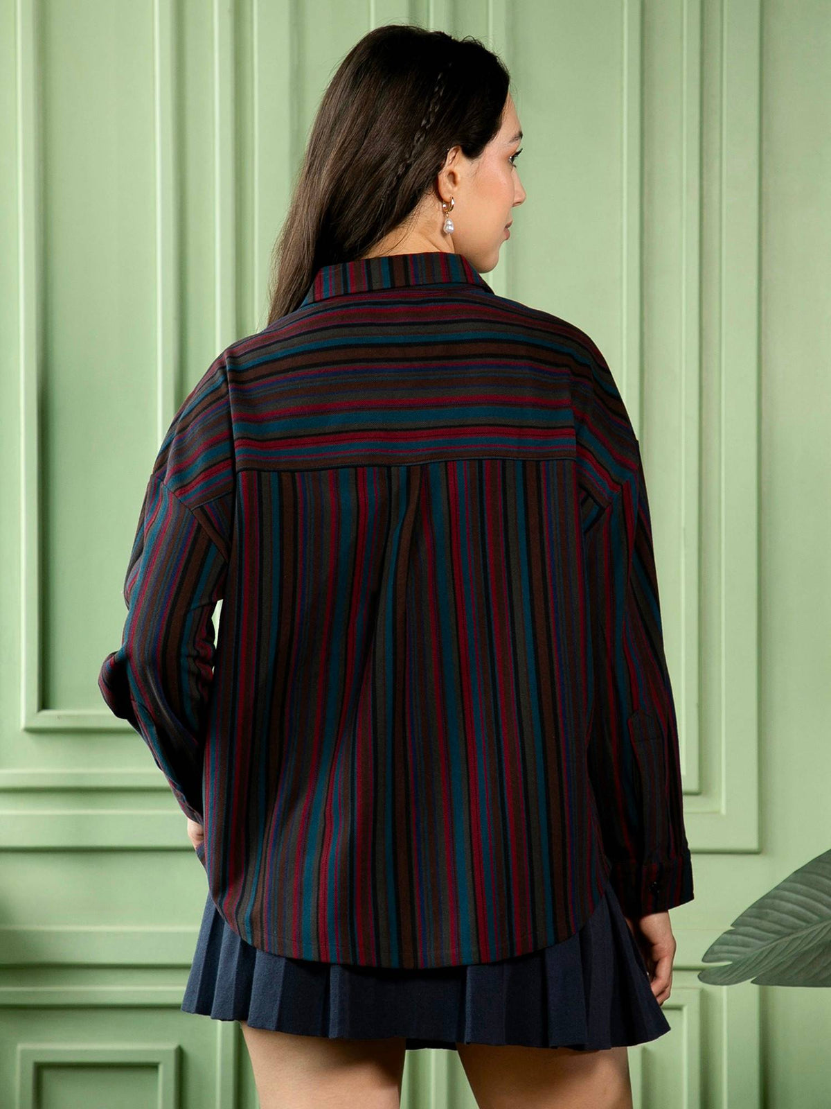 Women Crimson Red Midnight Blue Jamaican Striped Oversized Shirt | S67 - view 4