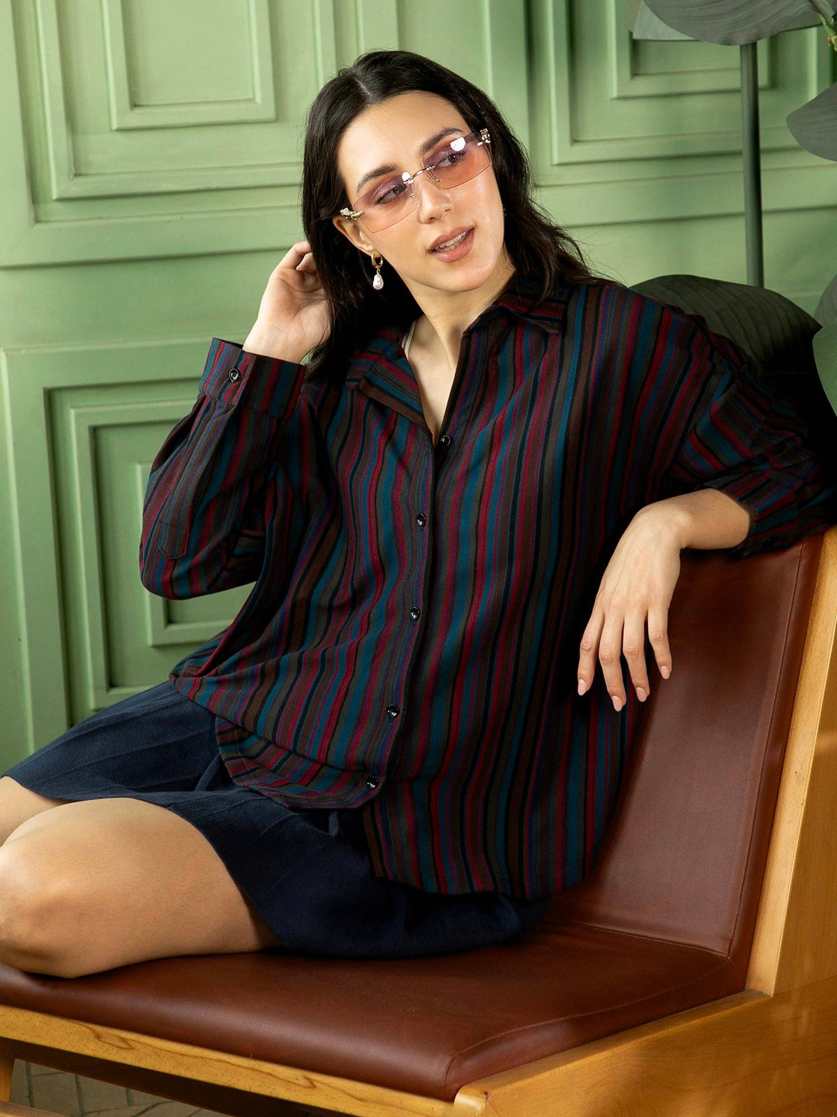 Women Crimson Red Midnight Blue Jamaican Striped Oversized Shirt | S67 - view 5