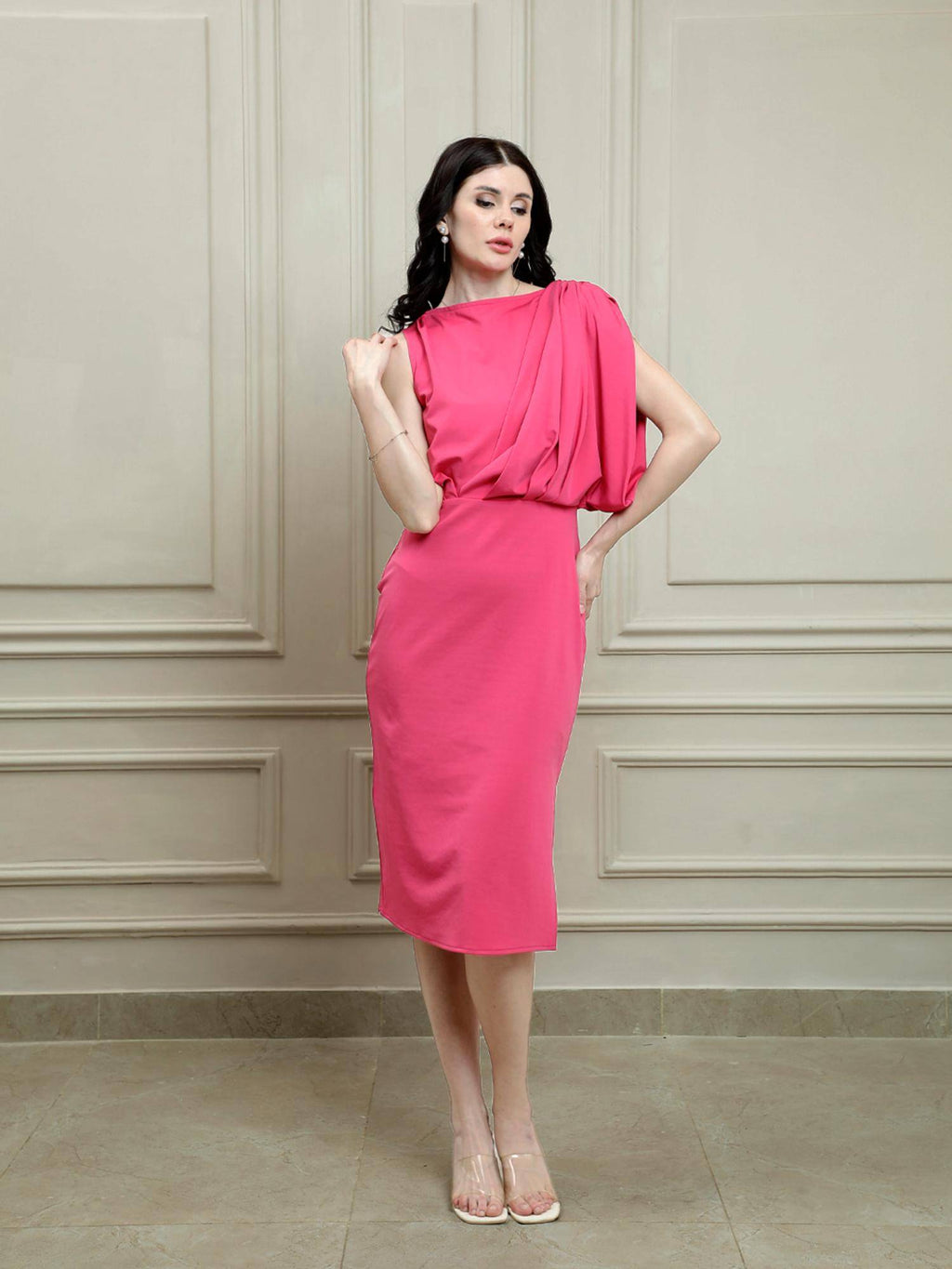 Maroon Draped Solid Knee Length Dress | D56 - view 11