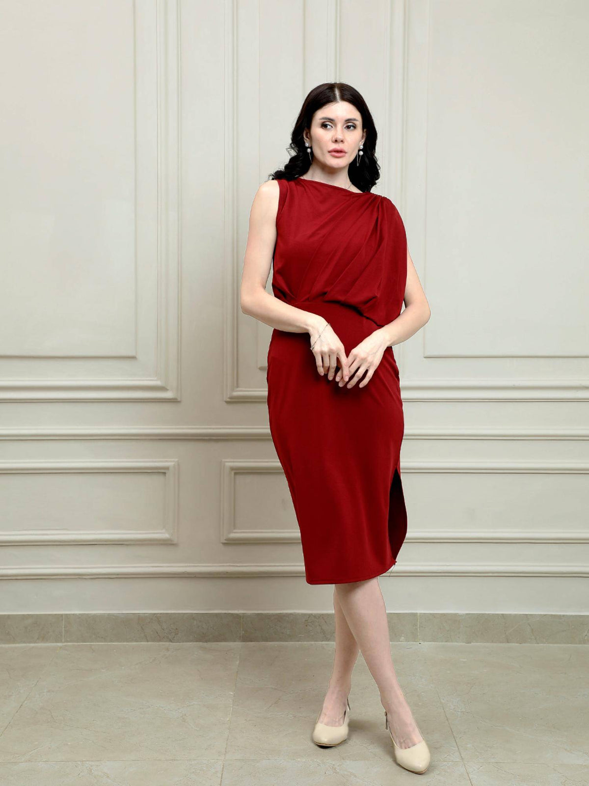 Maroon Draped Solid Knee Length Dress | D56 - view 1