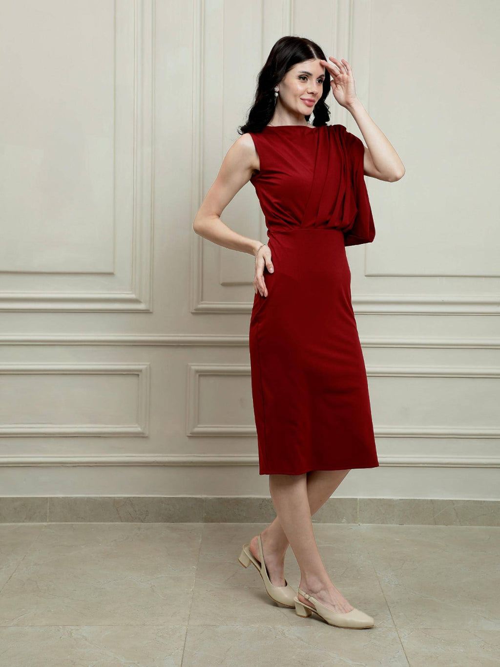 Maroon Draped Solid Knee Length Dress | D56 - view 2