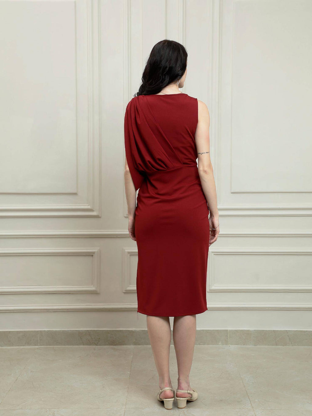 Maroon Draped Solid Knee Length Dress | D56 - view 4