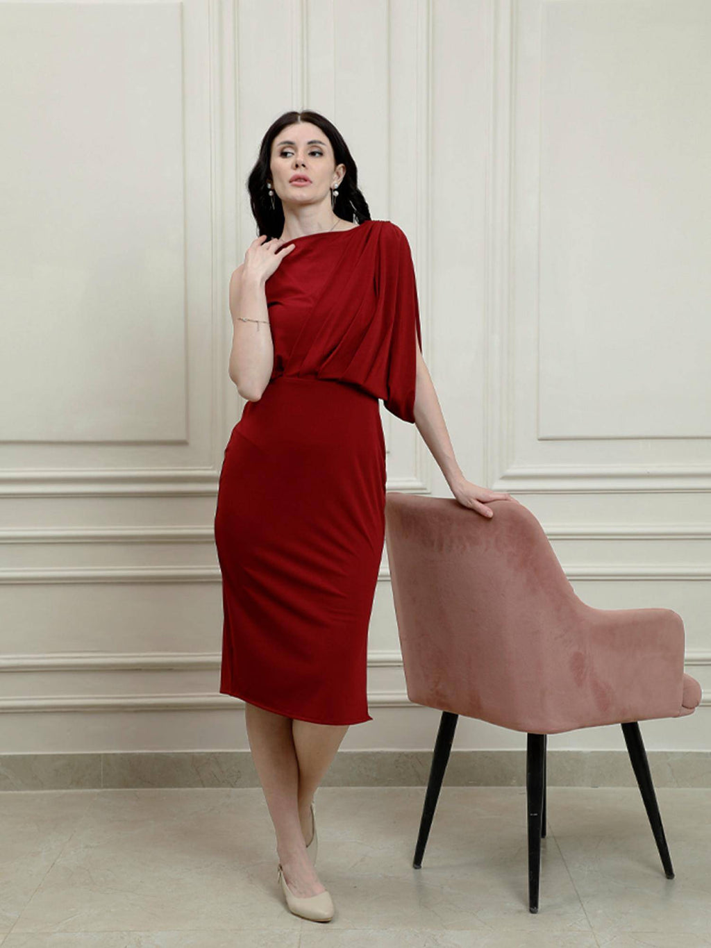 Maroon Draped Solid Knee Length Dress | D56 - view 5
