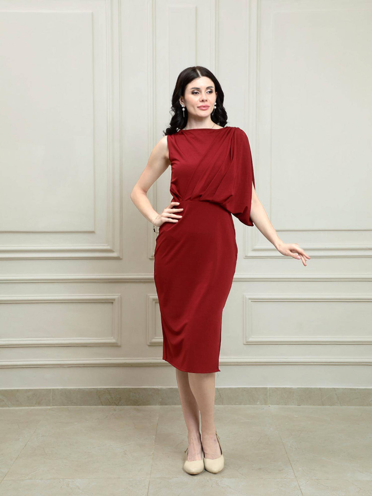 Maroon Draped Solid Knee Length Dress | D56 - view 6