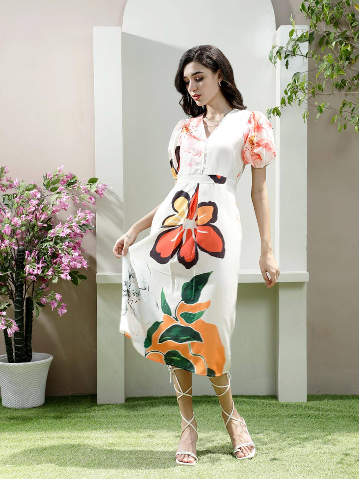 Off White Linen Floral Midi Dress | D56 - view 2