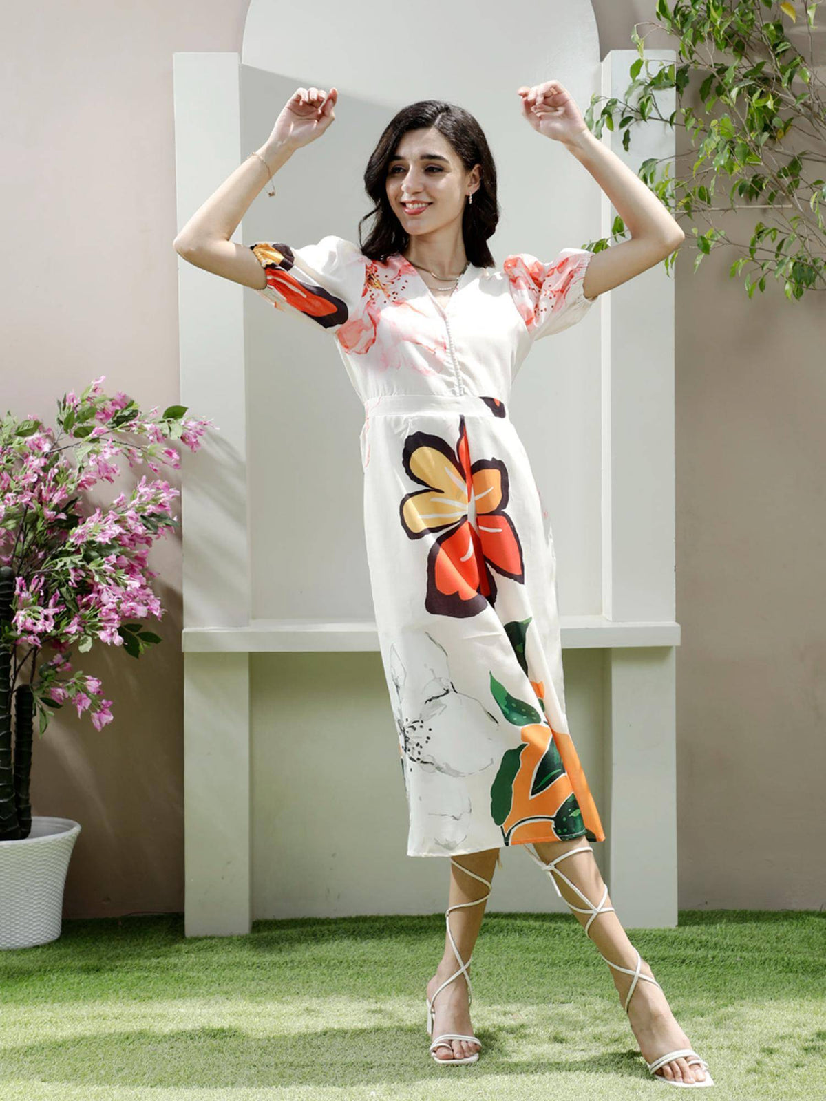 Off White Linen Floral Midi Dress | D56 - view 3