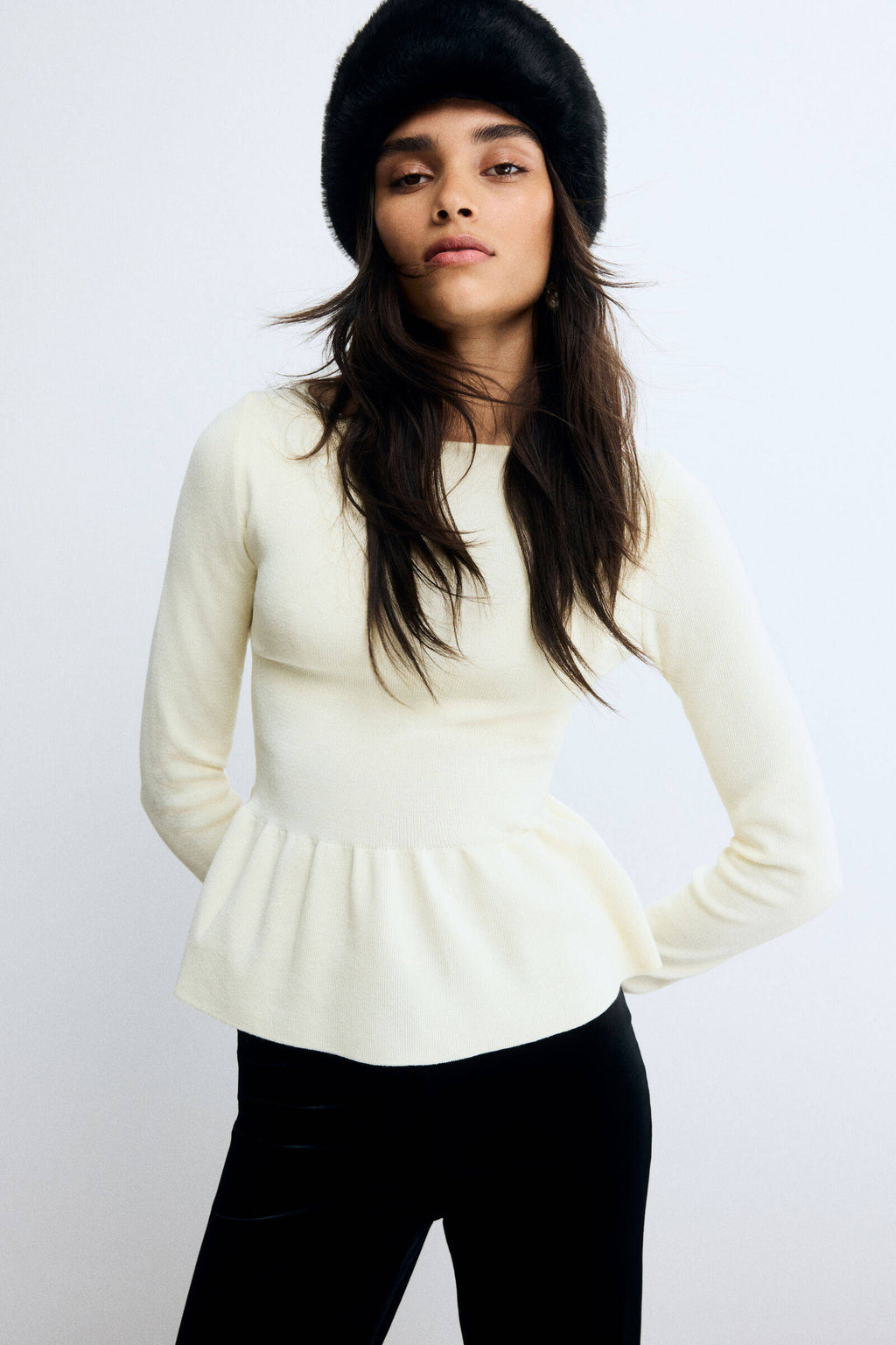 Women White Knitted Peplum Top | pt51 - view 1