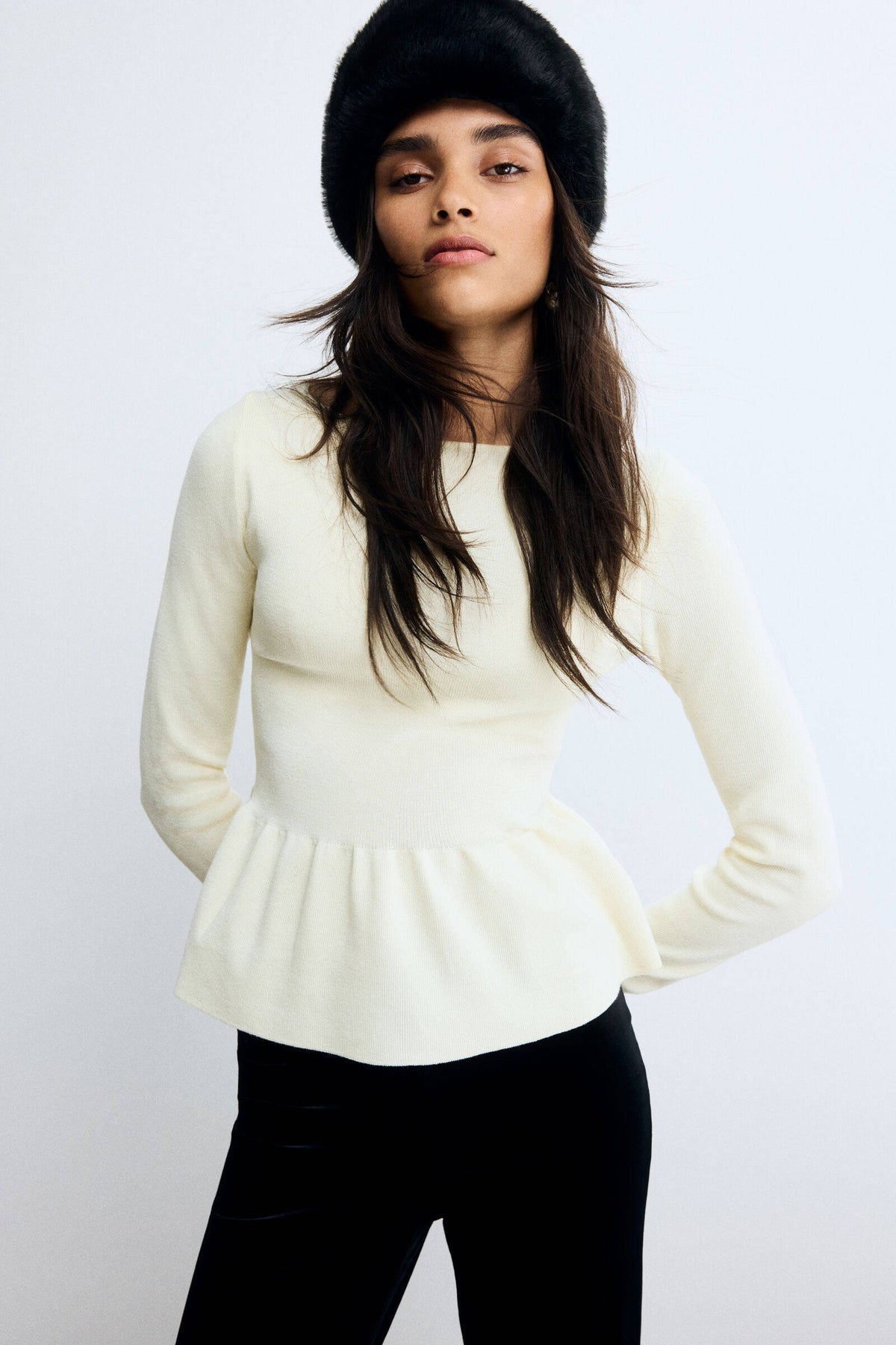 Women White Knitted Peplum Top | pt51 - view 1