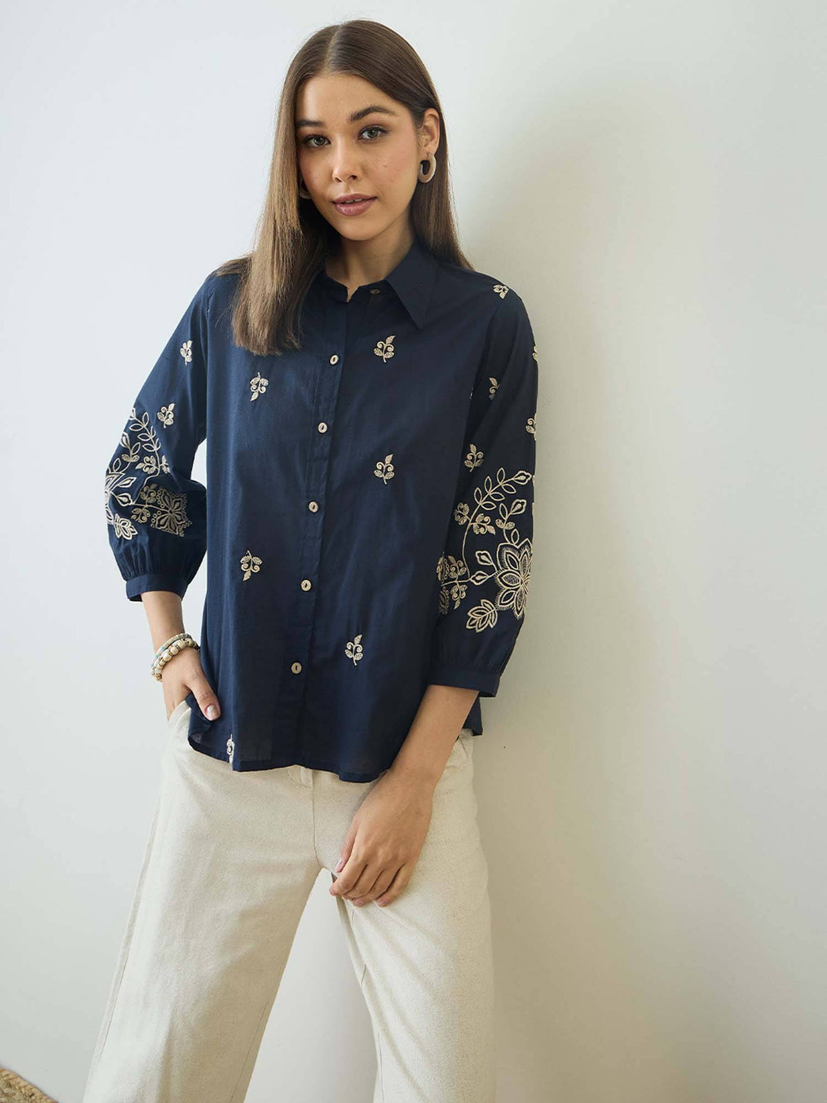 Cotton Navy Blue Floral Embroidered Shirt | S67 - view 1