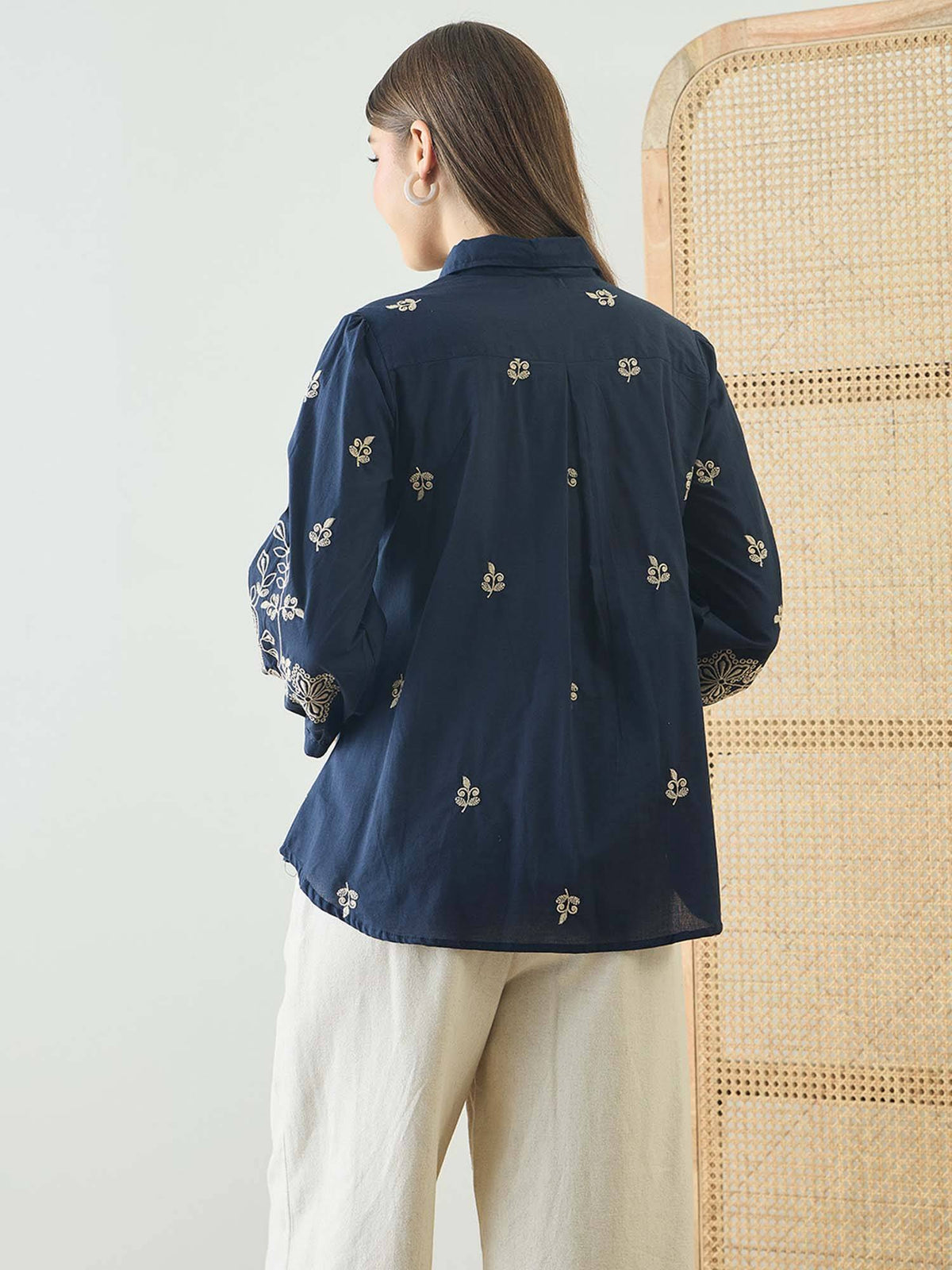 Cotton Navy Blue Floral Embroidered Shirt | S67 - view 2