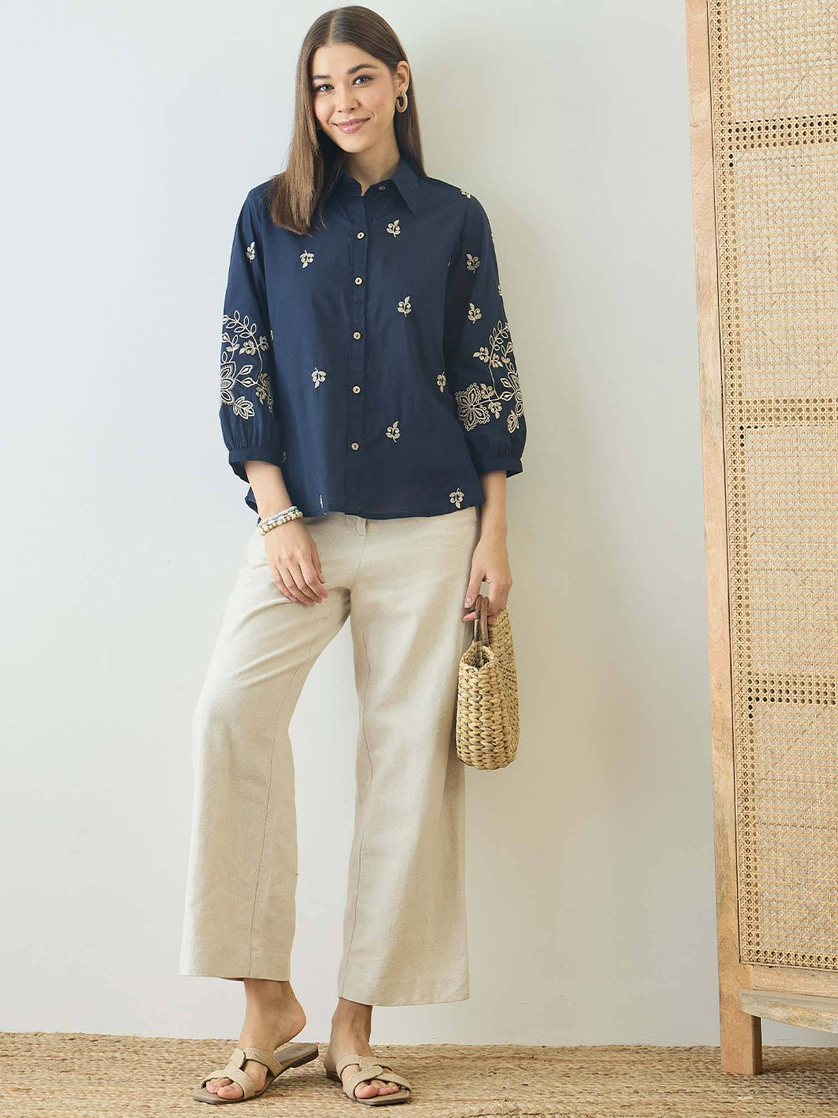 Cotton Navy Blue Floral Embroidered Shirt | S67 - view 3