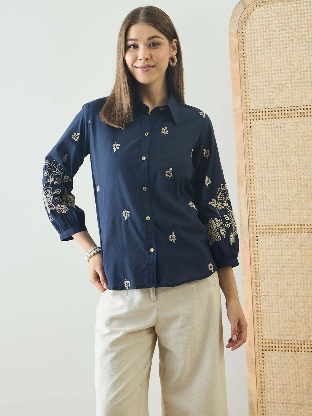 Cotton Navy Blue Floral Embroidered Shirt | S67 - view 5