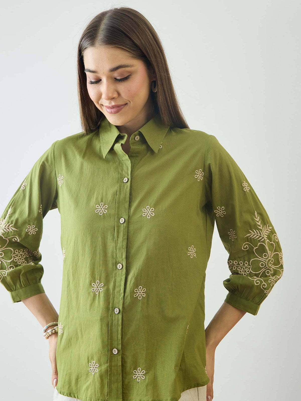 Cotton Olive Floral Embroidered Shirt | S67 - view 1