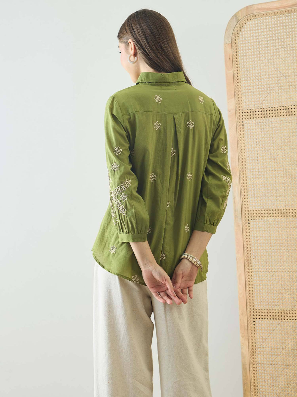 Cotton Olive Floral Embroidered Shirt | S67 - view 2