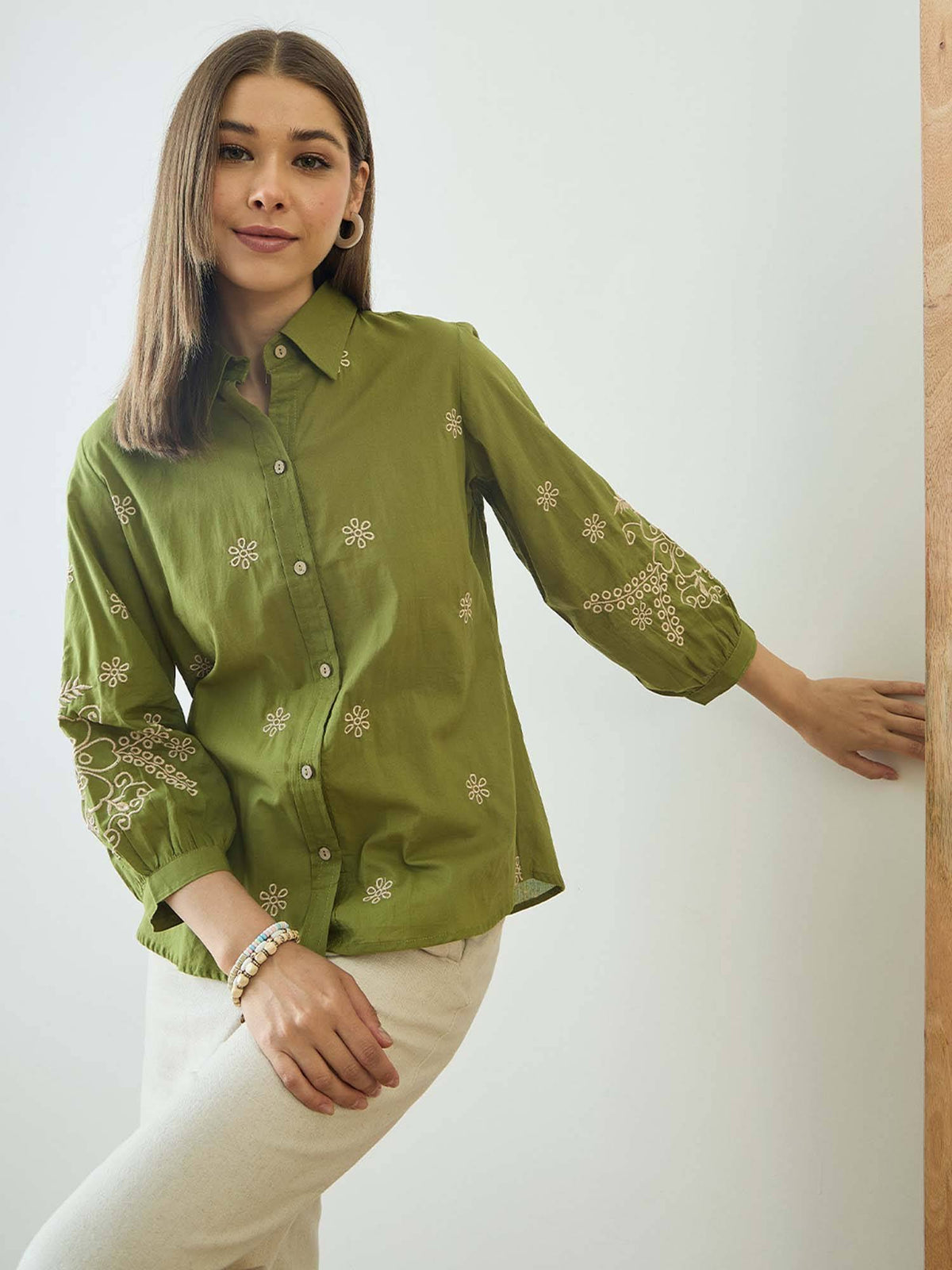 Cotton Olive Floral Embroidered Shirt | S67 - view 3
