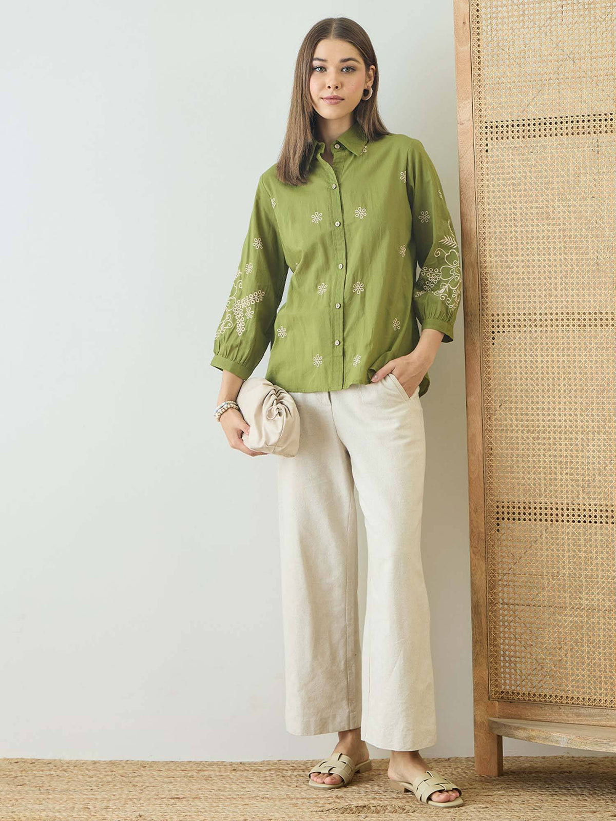Cotton Olive Floral Embroidered Shirt | S67 - view 4